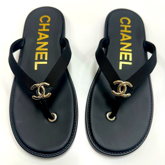 CHANEL Logo Flip Flops in Black/Gold - Picture 1 of 9